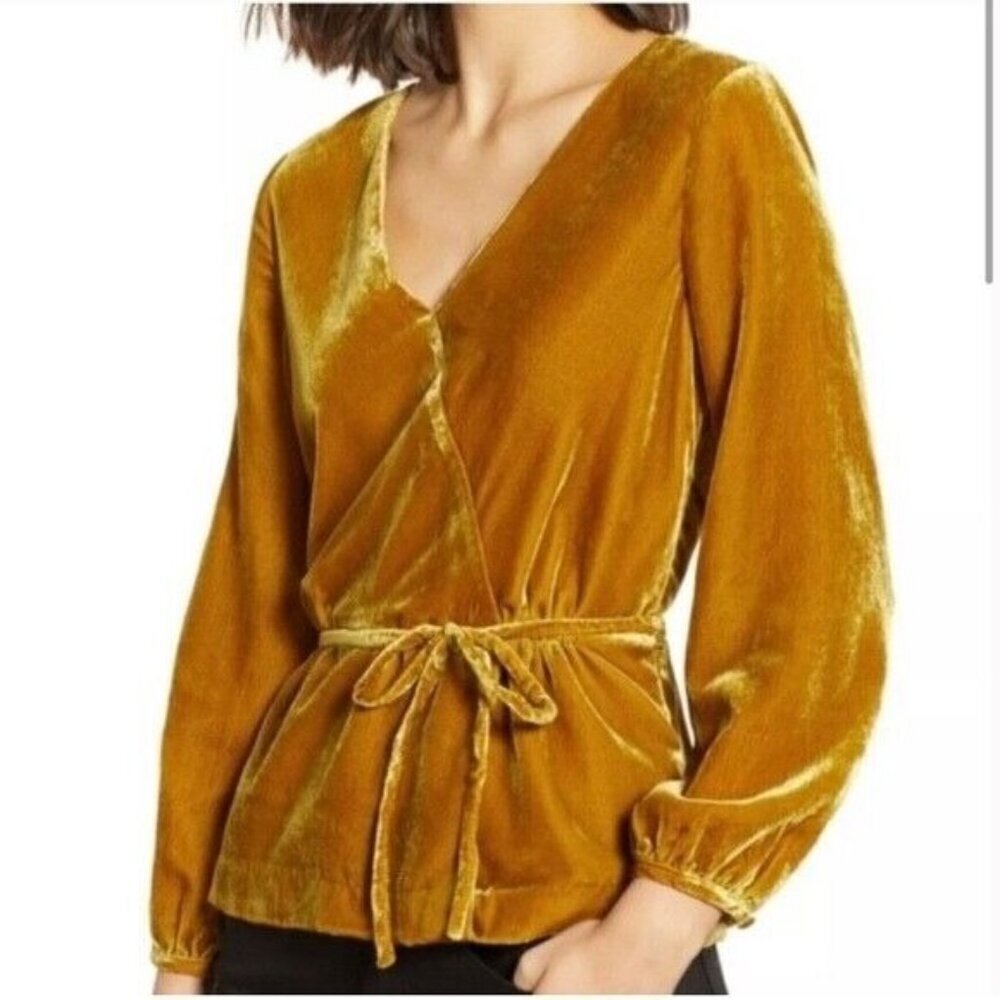 J. Crew Size 8T Tall Faux Wrap Velvet Top Vintage Gold Long Sleeve GUC